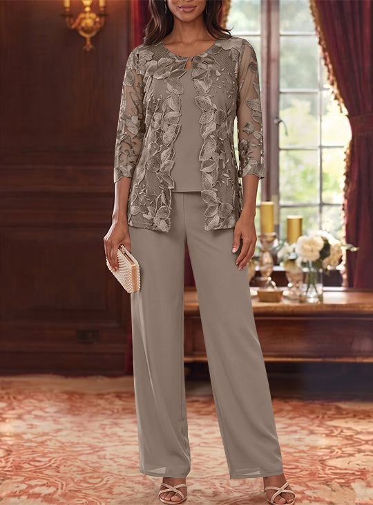 3 Pieces Chiffon Scoop Mother of the Bride Pantsuits with Lace Floral Jacket Ankle-Length 3/4 Sleeves