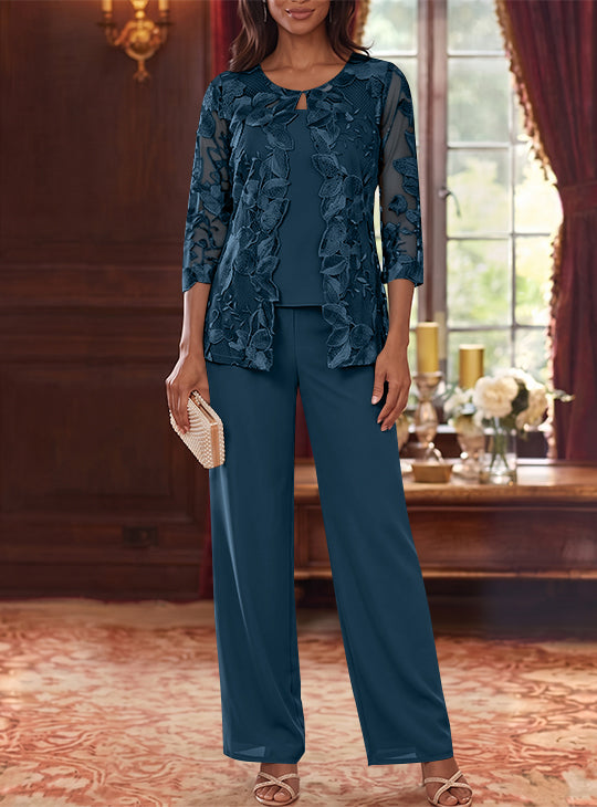 3 Pieces Chiffon Scoop Mother of the Bride Pantsuits with Lace Floral Jacket Ankle-Length 3/4 Sleeves