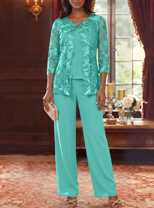 3 Pieces Chiffon Scoop Mother of the Bride Pantsuits with Lace Floral Jacket Ankle-Length 3/4 Sleeves