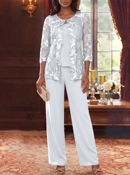 3 Pieces Chiffon Scoop Mother of the Bride Pantsuits with Lace Floral Jacket Ankle-Length 3/4 Sleeves