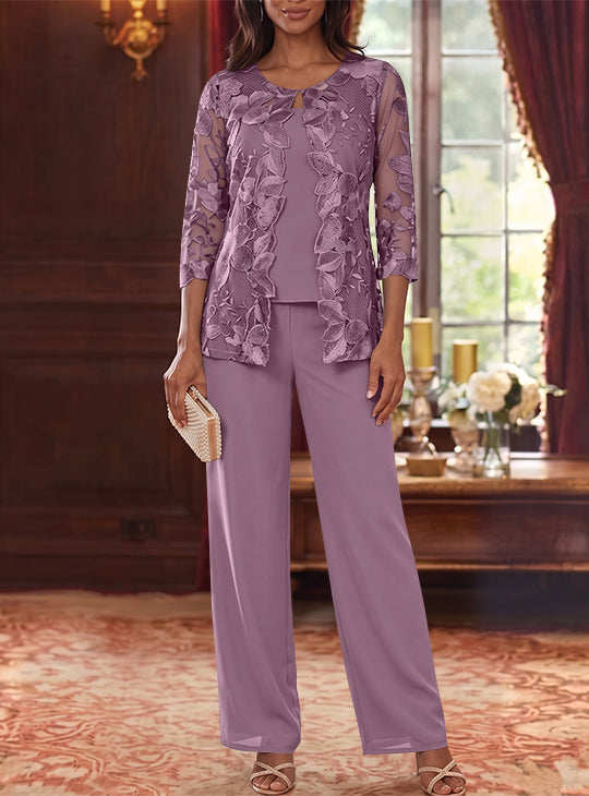 3 Pieces Chiffon Scoop Mother of the Bride Pantsuits with Lace Floral Jacket Ankle-Length 3/4 Sleeves