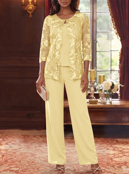 3 Pieces Chiffon Scoop Mother of the Bride Pantsuits with Lace Floral Jacket Ankle-Length 3/4 Sleeves