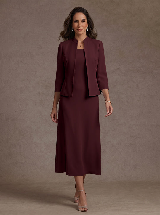 2 Pieces Sheath/Column Square Collar Stretch Satin Mother of the Bride Dresses with Jacket 3/4 Sleeves Tea-Length