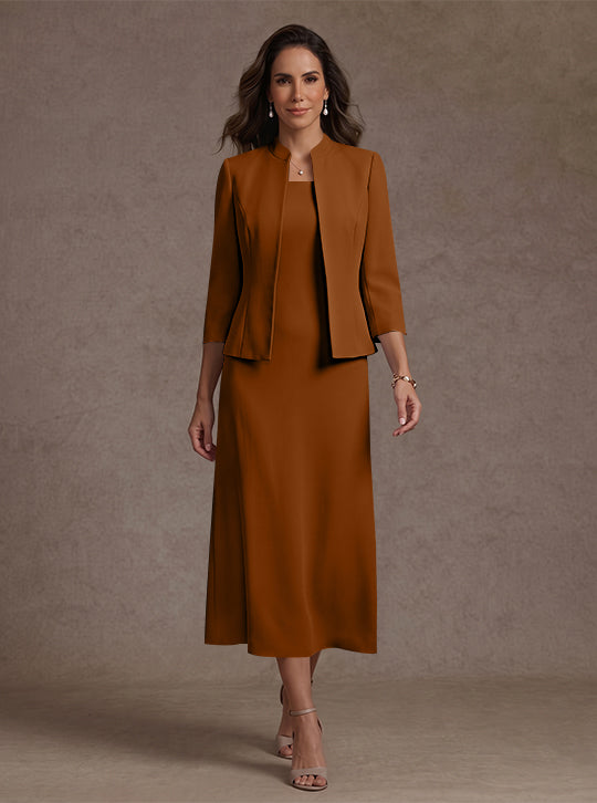 2 Pieces Sheath/Column Square Collar Stretch Satin Mother of the Bride Dresses with Jacket 3/4 Sleeves Tea-Length