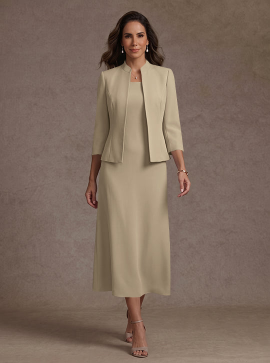 2 Pieces Sheath/Column Square Collar Stretch Satin Mother of the Bride Dresses with Jacket 3/4 Sleeves Tea-Length