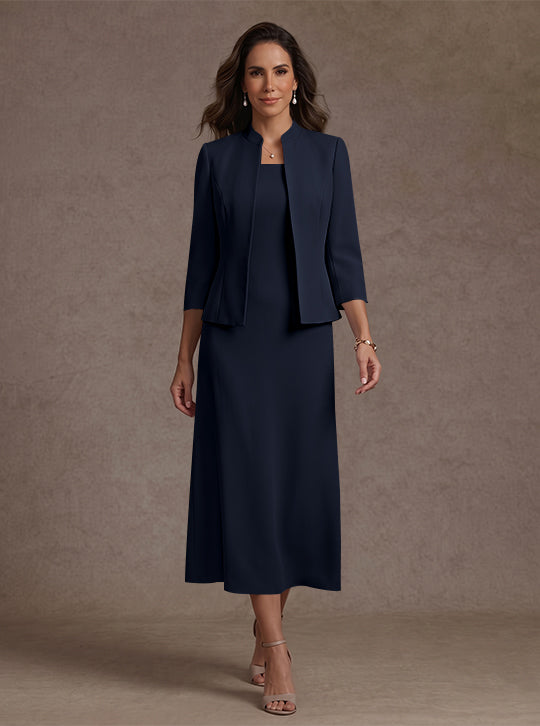 2 Pieces Sheath/Column Square Collar Stretch Satin Mother of the Bride Dresses with Jacket 3/4 Sleeves Tea-Length