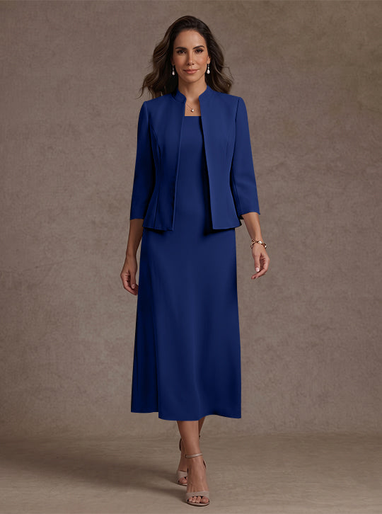 2 Pieces Sheath/Column Square Collar Stretch Satin Mother of the Bride Dresses with Jacket 3/4 Sleeves Tea-Length