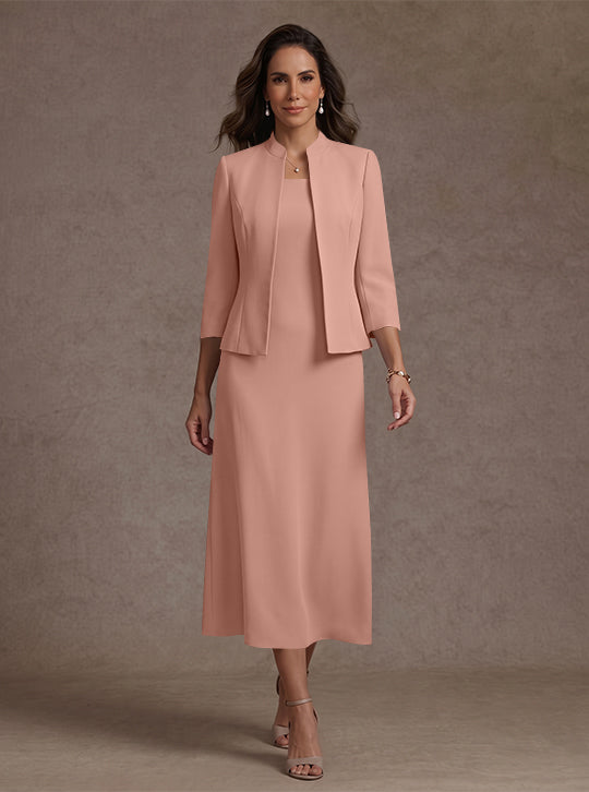 2 Pieces Sheath/Column Square Collar Stretch Satin Mother of the Bride Dresses with Jacket 3/4 Sleeves Tea-Length