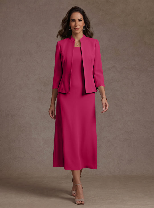 2 Pieces Sheath/Column Square Collar Stretch Satin Mother of the Bride Dresses with Jacket 3/4 Sleeves Tea-Length