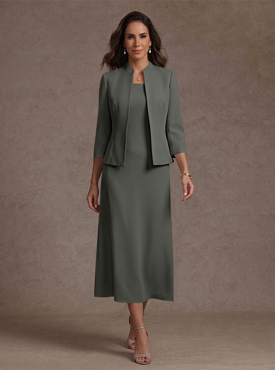2 Pieces Sheath/Column Square Collar Stretch Satin Mother of the Bride Dresses with Jacket 3/4 Sleeves Tea-Length