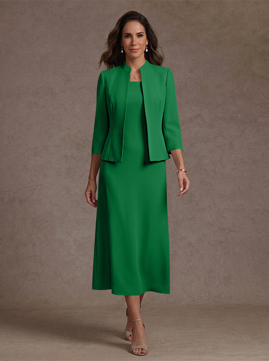 2 Pieces Sheath/Column Square Collar Stretch Satin Mother of the Bride Dresses with Jacket 3/4 Sleeves Tea-Length