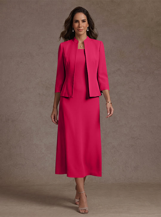 2 Pieces Sheath/Column Square Collar Stretch Satin Mother of the Bride Dresses with Jacket 3/4 Sleeves Tea-Length