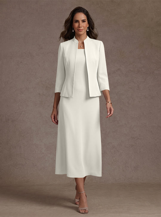 2 Pieces Sheath/Column Square Collar Stretch Satin Mother of the Bride Dresses with Jacket 3/4 Sleeves Tea-Length