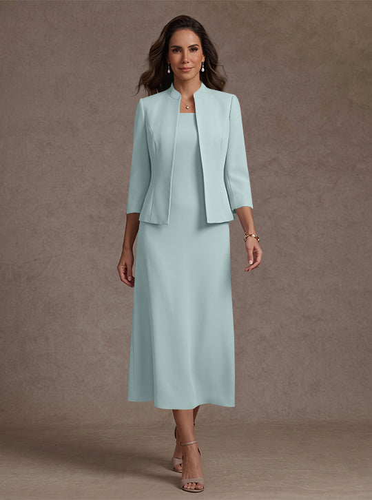 2 Pieces Sheath/Column Square Collar Stretch Satin Mother of the Bride Dresses with Jacket 3/4 Sleeves Tea-Length