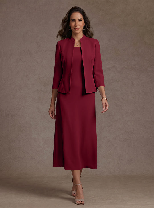 2 Pieces Sheath/Column Square Collar Stretch Satin Mother of the Bride Dresses with Jacket 3/4 Sleeves Tea-Length