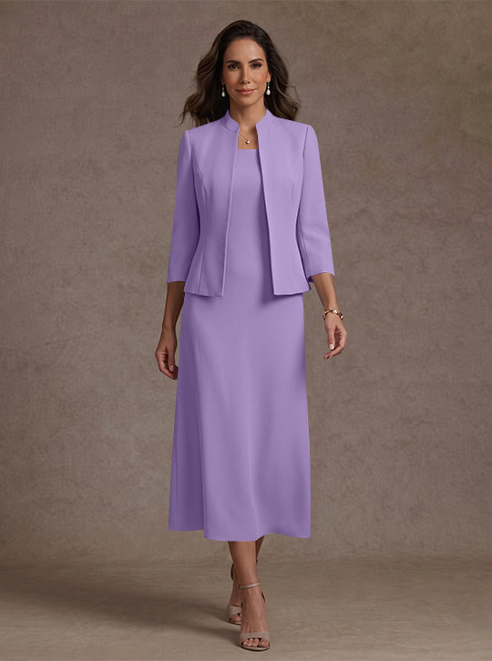 2 Pieces Sheath/Column Square Collar Stretch Satin Mother of the Bride Dresses with Jacket 3/4 Sleeves Tea-Length
