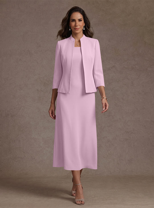 2 Pieces Sheath/Column Square Collar Stretch Satin Mother of the Bride Dresses with Jacket 3/4 Sleeves Tea-Length