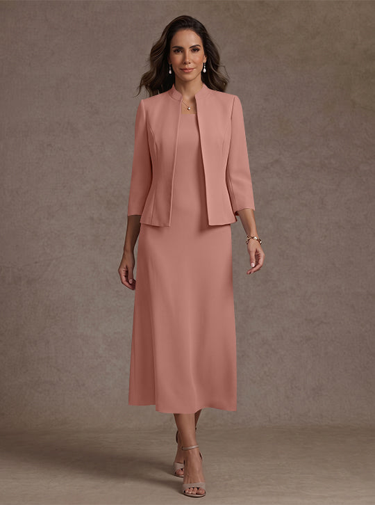 2 Pieces Sheath/Column Square Collar Stretch Satin Mother of the Bride Dresses with Jacket 3/4 Sleeves Tea-Length