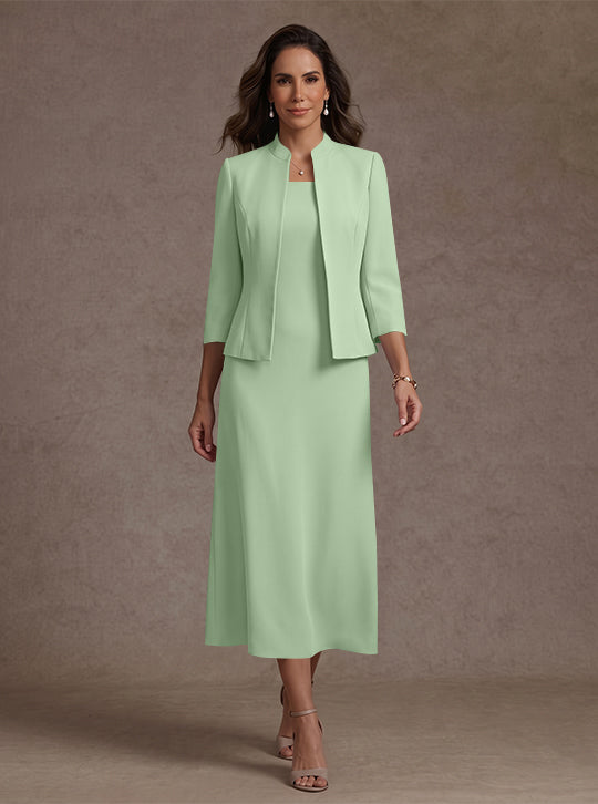 2 Pieces Sheath/Column Square Collar Stretch Satin Mother of the Bride Dresses with Jacket 3/4 Sleeves Tea-Length