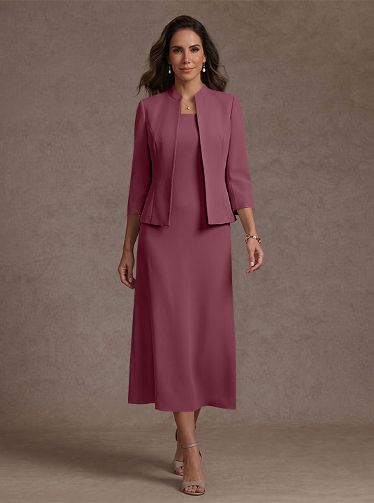 2 Pieces Sheath/Column Square Collar Stretch Satin Mother of the Bride Dresses with Jacket 3/4 Sleeves Tea-Length
