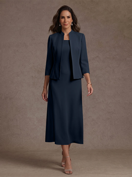 2 Pieces Sheath/Column Square Collar Stretch Satin Mother of the Bride Dresses with Jacket 3/4 Sleeves Tea-Length