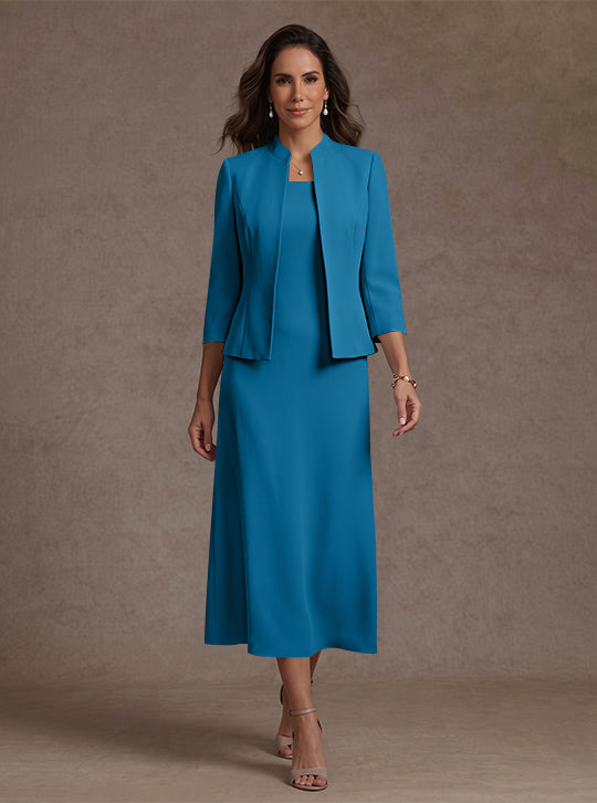2 Pieces Sheath/Column Square Collar Stretch Satin Mother of the Bride Dresses with Jacket 3/4 Sleeves Tea-Length