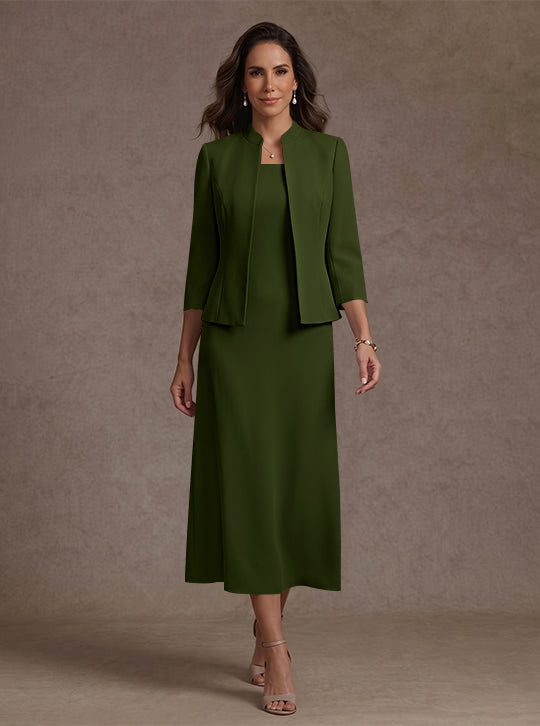 2 Pieces Sheath/Column Square Collar Stretch Satin Mother of the Bride Dresses with Jacket 3/4 Sleeves Tea-Length