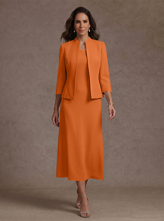 2 Pieces Sheath/Column Square Collar Stretch Satin Mother of the Bride Dresses with Jacket 3/4 Sleeves Tea-Length