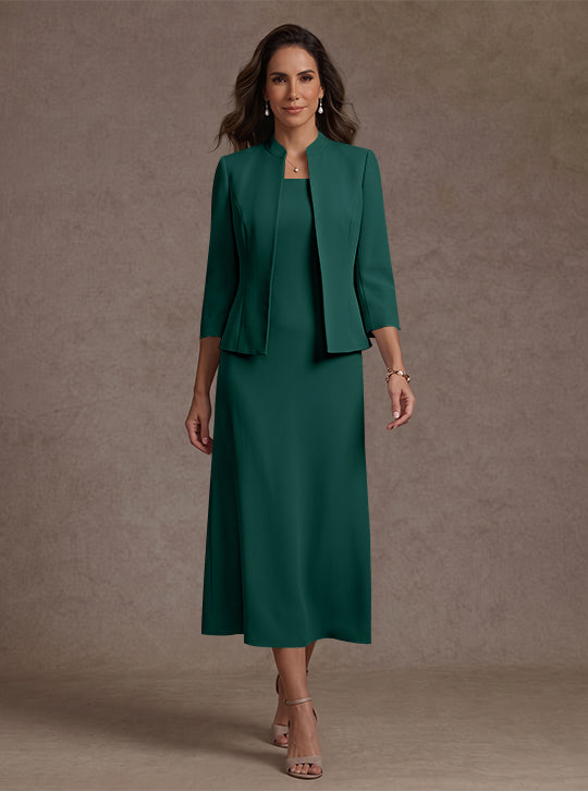 2 Pieces Sheath/Column Square Collar Stretch Satin Mother of the Bride Dresses with Jacket 3/4 Sleeves Tea-Length