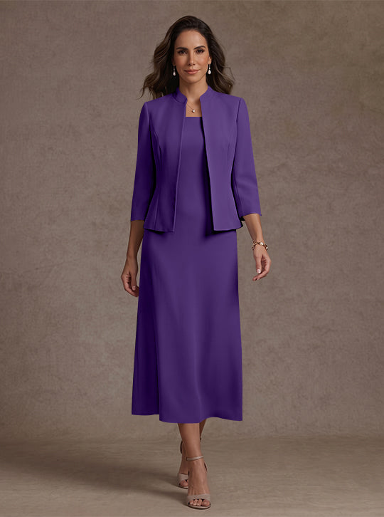 2 Pieces Sheath/Column Square Collar Stretch Satin Mother of the Bride Dresses with Jacket 3/4 Sleeves Tea-Length