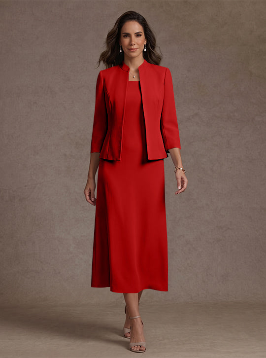 2 Pieces Sheath/Column Square Collar Stretch Satin Mother of the Bride Dresses with Jacket 3/4 Sleeves Tea-Length