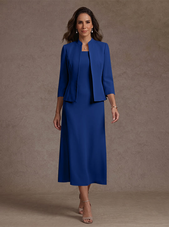 2 Pieces Sheath/Column Square Collar Stretch Satin Mother of the Bride Dresses with Jacket 3/4 Sleeves Tea-Length