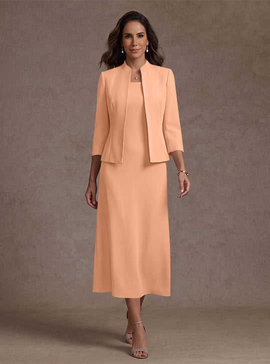 2 Pieces Sheath/Column Square Collar Stretch Satin Mother of the Bride Dresses with Jacket 3/4 Sleeves Tea-Length