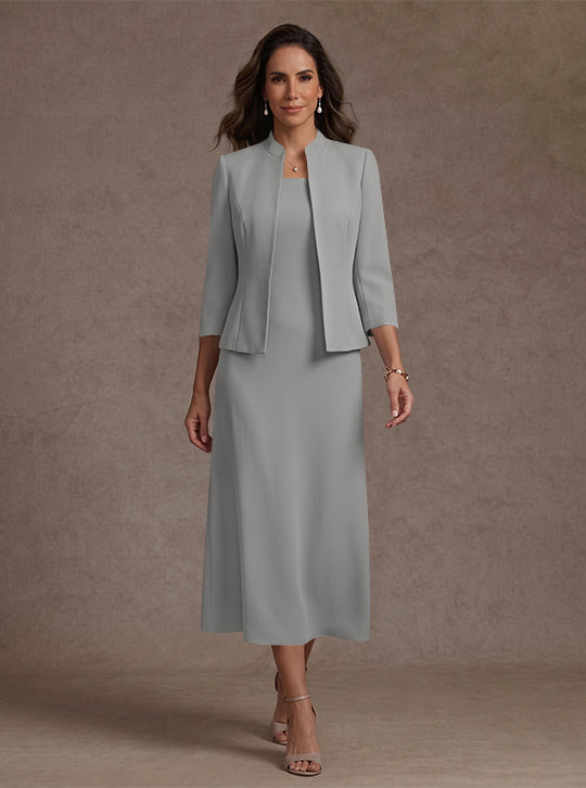 2 Pieces Sheath/Column Square Collar Stretch Satin Mother of the Bride Dresses with Jacket 3/4 Sleeves Tea-Length