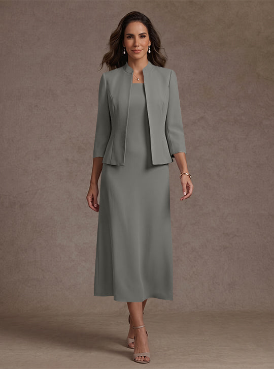 2 Pieces Sheath/Column Square Collar Stretch Satin Mother of the Bride Dresses with Jacket 3/4 Sleeves Tea-Length
