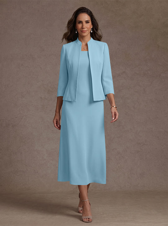 2 Pieces Sheath/Column Square Collar Stretch Satin Mother of the Bride Dresses with Jacket 3/4 Sleeves Tea-Length