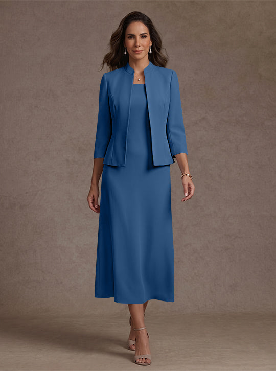 2 Pieces Sheath/Column Square Collar Stretch Satin Mother of the Bride Dresses with Jacket 3/4 Sleeves Tea-Length