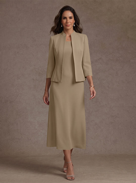2 Pieces Sheath/Column Square Collar Stretch Satin Mother of the Bride Dresses with Jacket 3/4 Sleeves Tea-Length