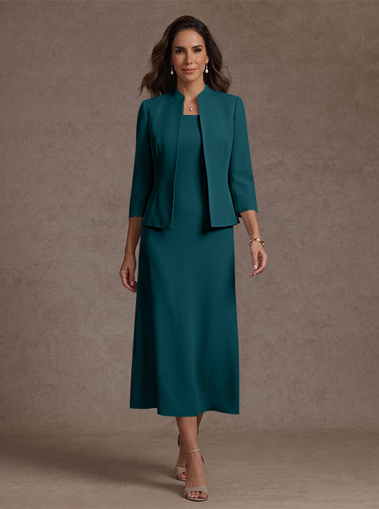 2 Pieces Sheath/Column Square Collar Stretch Satin Mother of the Bride Dresses with Jacket 3/4 Sleeves Tea-Length