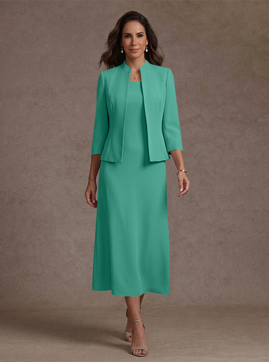 2 Pieces Sheath/Column Square Collar Stretch Satin Mother of the Bride Dresses with Jacket 3/4 Sleeves Tea-Length