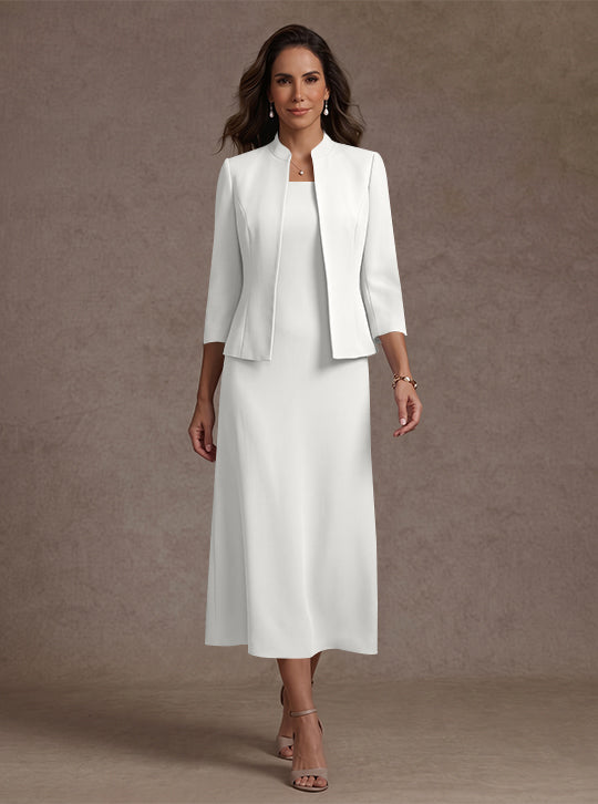 2 Pieces Sheath/Column Square Collar Stretch Satin Mother of the Bride Dresses with Jacket 3/4 Sleeves Tea-Length