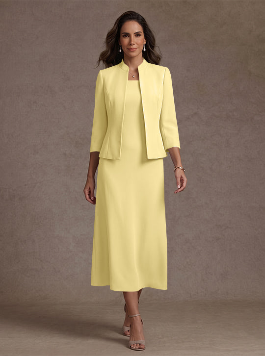 2 Pieces Sheath/Column Square Collar Stretch Satin Mother of the Bride Dresses with Jacket 3/4 Sleeves Tea-Length