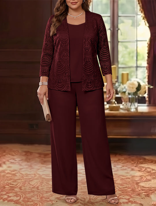 3 Pieces Scoop Chiffon Plus Size Mother of the Bride Pantsuits with Jacket Lace Ankle-Length Long Sleeves