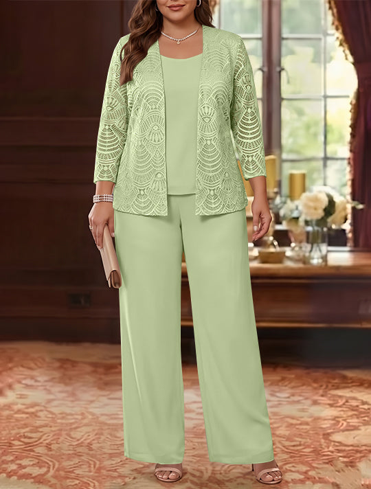 3 Pieces Scoop Chiffon Plus Size Mother of the Bride Pantsuits with Jacket Lace Ankle-Length Long Sleeves
