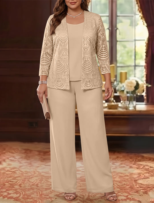 3 Pieces Scoop Chiffon Plus Size Mother of the Bride Pantsuits with Jacket Lace Ankle-Length Long Sleeves