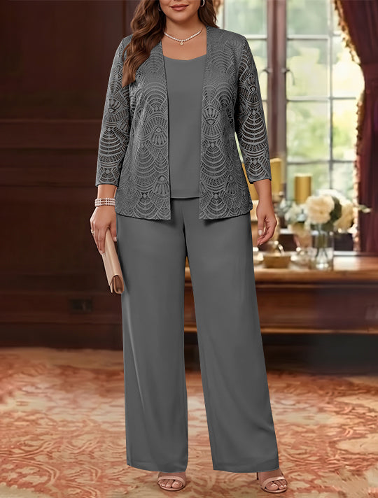 3 Pieces Scoop Chiffon Plus Size Mother of the Bride Pantsuits with Jacket Lace Ankle-Length Long Sleeves