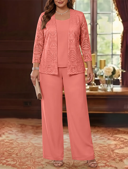 3 Pieces Scoop Chiffon Plus Size Mother of the Bride Pantsuits with Jacket Lace Ankle-Length Long Sleeves