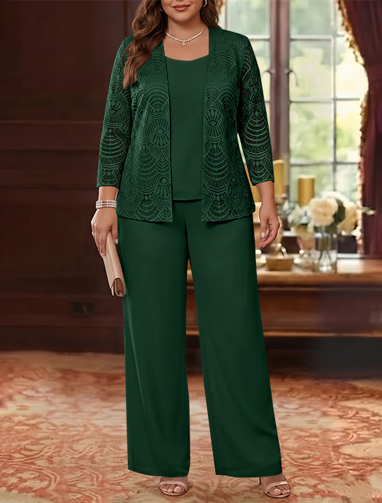 3 Pieces Scoop Chiffon Plus Size Mother of the Bride Pantsuits with Jacket Lace Ankle-Length Long Sleeves