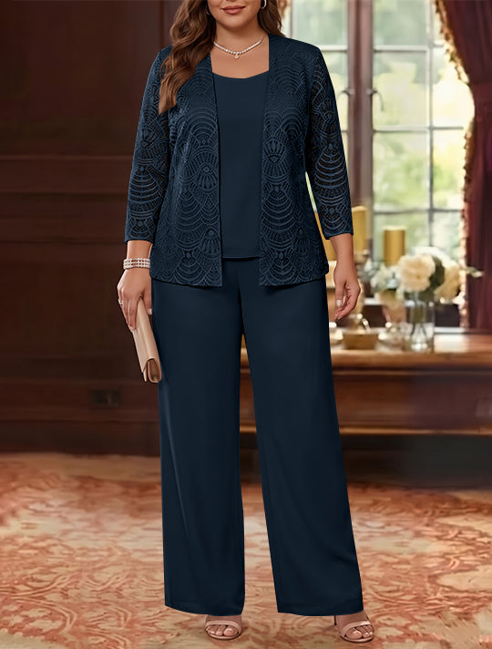 3 Pieces Scoop Chiffon Plus Size Mother of the Bride Pantsuits with Jacket Lace Ankle-Length Long Sleeves