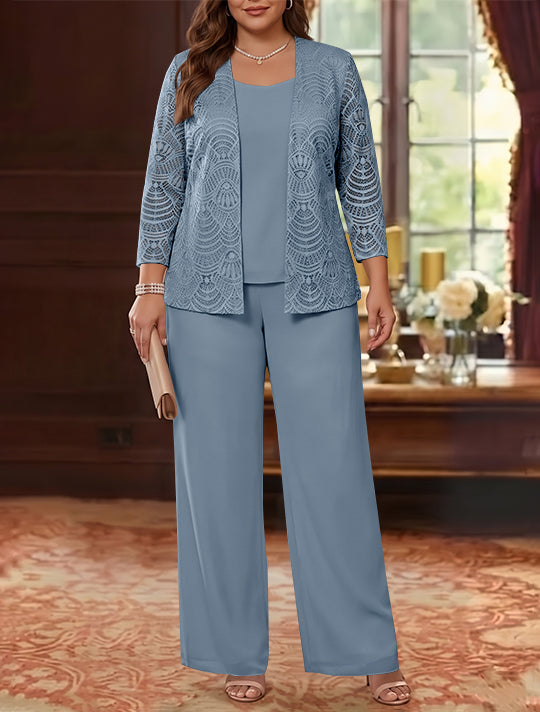 3 Pieces Scoop Chiffon Plus Size Mother of the Bride Pantsuits with Jacket Lace Ankle-Length Long Sleeves